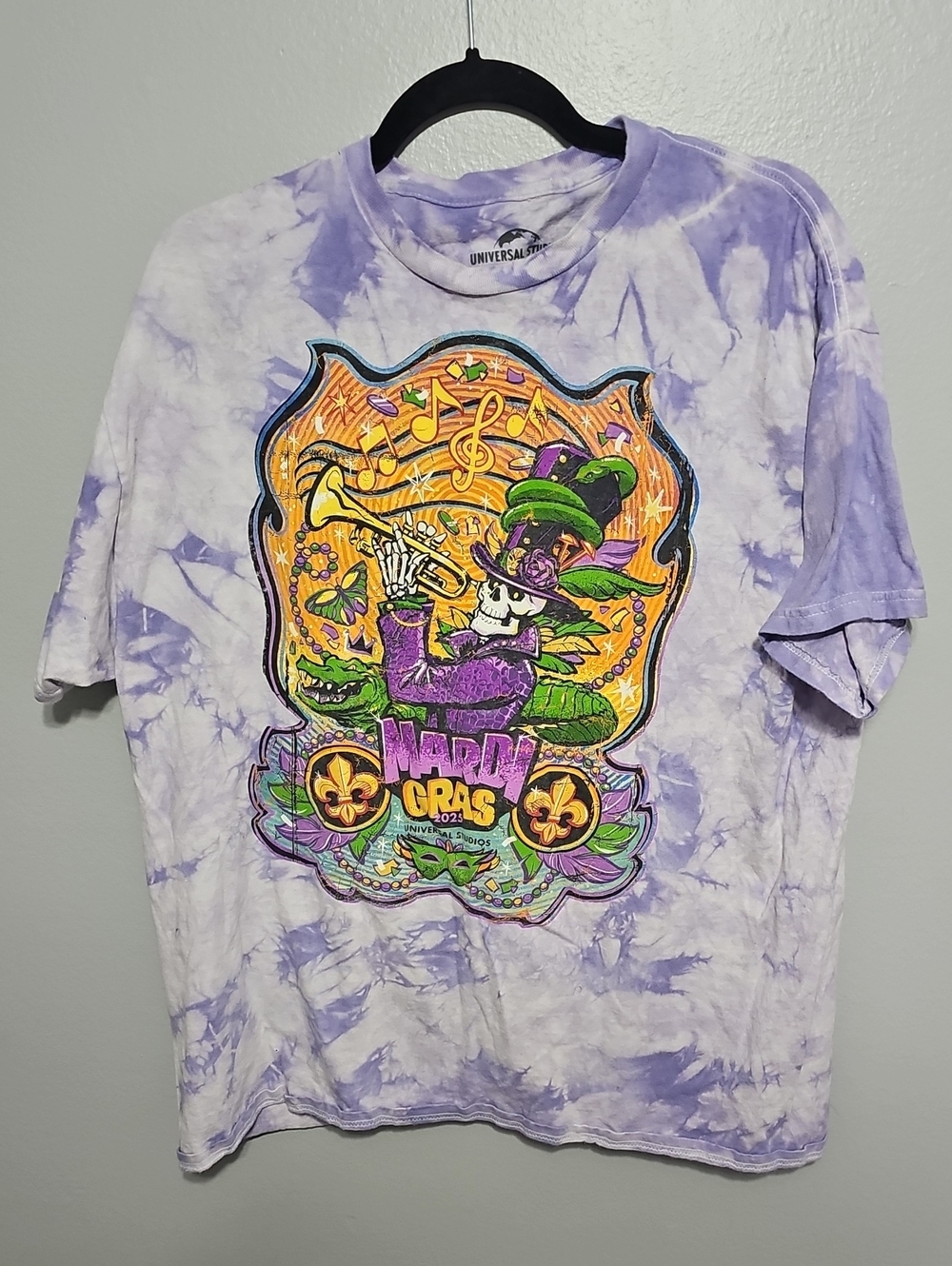 Universal XL Purple Tie-Dye Mardi Gras Skull & Trumpet Graphic Tee